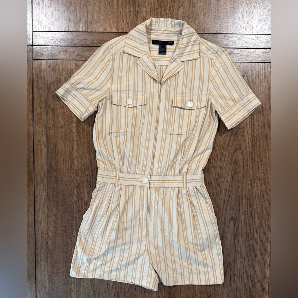 Marc Jacobs Short-Sleeve Striped Utility Romper in Beige/White